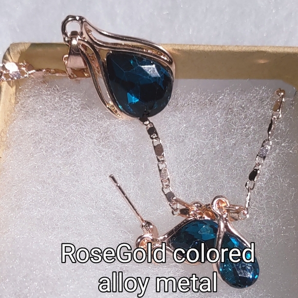 Necklace Set Cyan Blue Cubic Zirconia Rose Gold - Picture 13 of 15